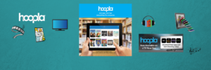 hoopla logo, tv, audio book, music staff, streaming, comics