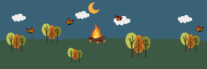 fire, moon, butterfly, clouds, trees