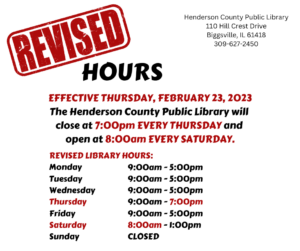 Revised Hours Effective Thursday, February 23, 2023
